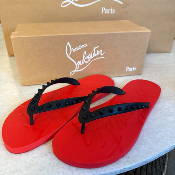 CHRISTIAN LOUBOUTIN 1201016 Mens Loubi Spiked Red/Back Rubber Flip Flops, sizes - Picture 5 of 9